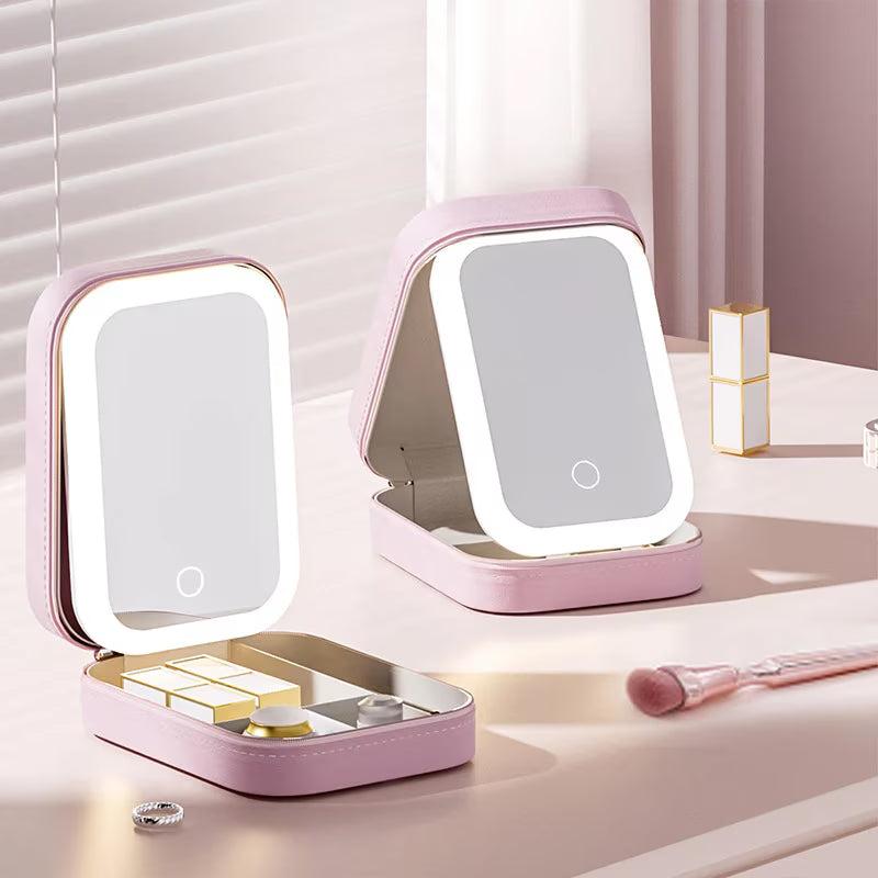 LED Leather Makeup Mirror Jewelry Box
